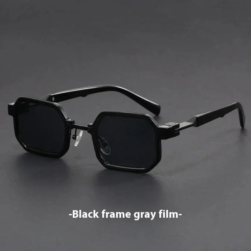 Black hexagonal frame sunglasses with gray tinted lenses, modern unisex style for daily wear or fashion