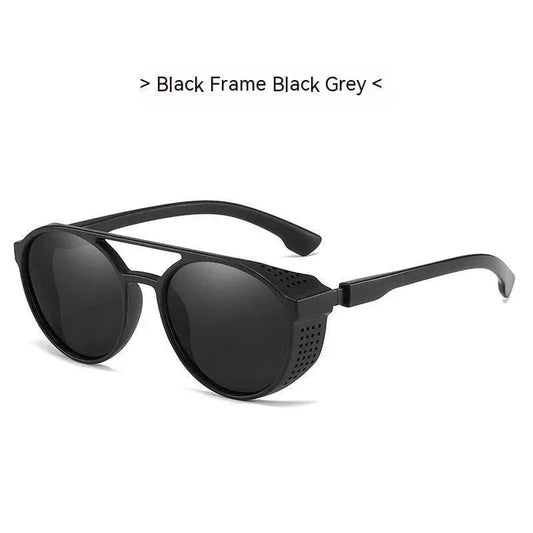 Black frame sunglasses with grey lenses and side shields, stylish unisex eyewear for fashion or daily wear