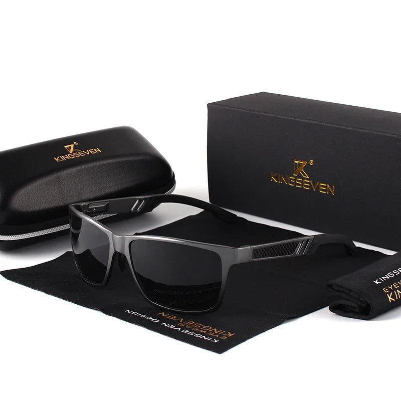 Stylish black rectangular sunglasses with case, box, and cleaning cloth for men’s fashion eyewear