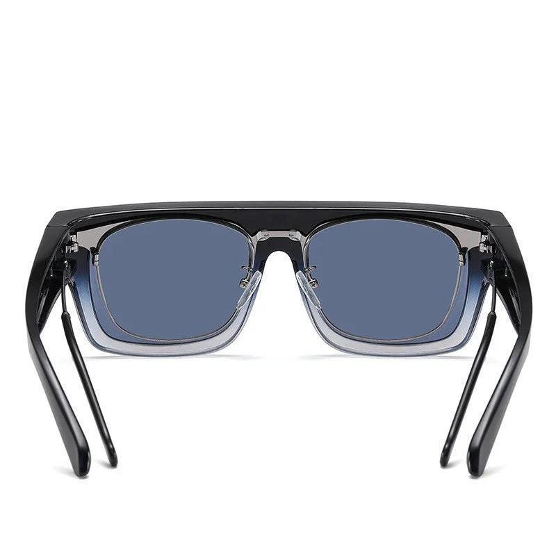 Modern black-framed sunglasses with blue-tinted lenses, stylish for men and women