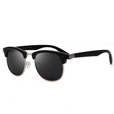Black and silver half-frame sunglasses with dark lenses, stylish for daily wear or fashion