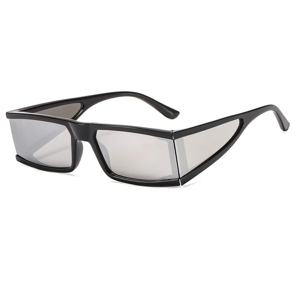 Black wraparound sunglasses with angular gray tinted lenses and a sleek sporty design