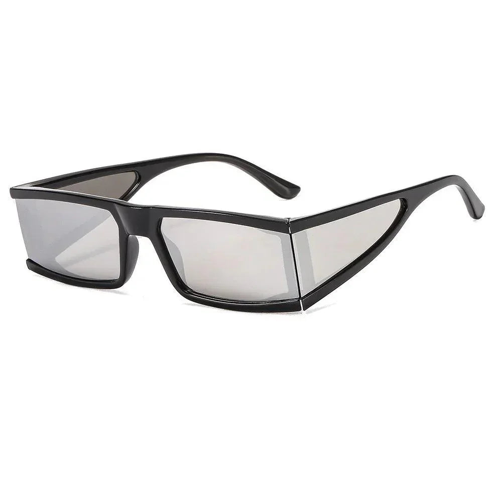 Black rectangular sunglasses with silver mirrored lenses, stylish unisex eyewear for fashion or daily wear