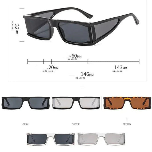 Modern rectangular sunglasses in black, gray, silver, brown, and clear frames with size measurements shown