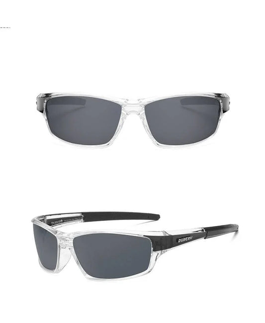 rectangular sunglasses with clear frames and dark gray lenses shown from front and side angles