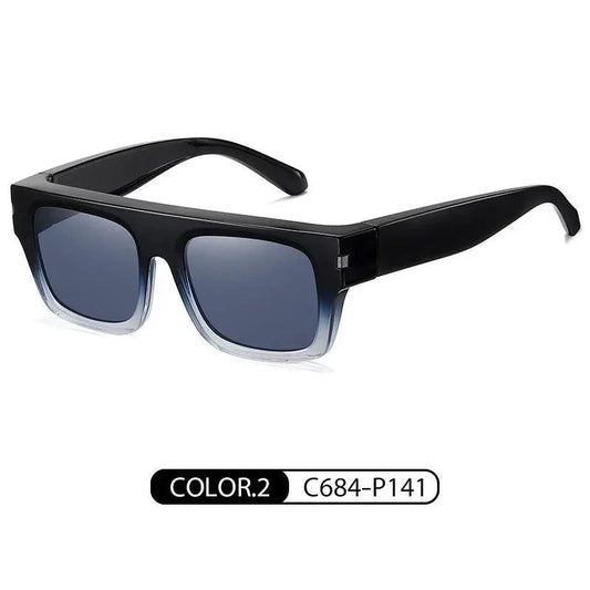Black and clear frame sunglasses with blue gradient lenses, stylish unisex eyewear for daily wear