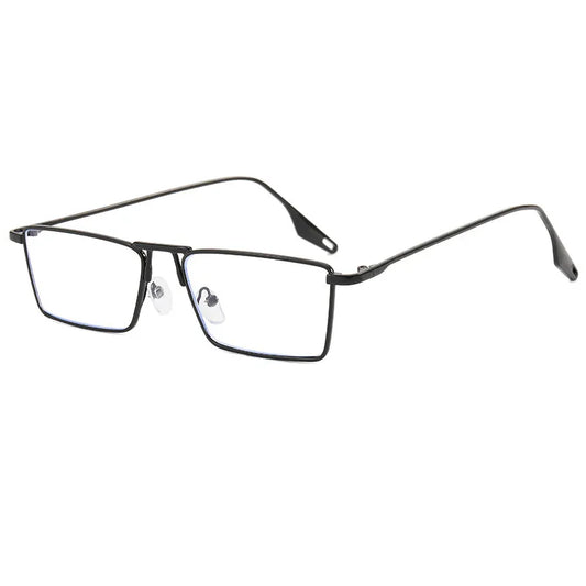Black rectangular metal eyeglasses with adjustable nose pads and thin temples on white background