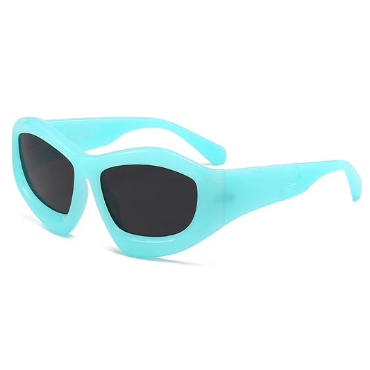 Aqua blue cat eye sunglasses with thick frame and black lenses on white background