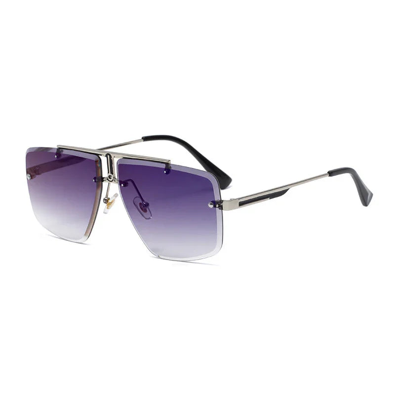 Silver frame sunglasses with purple gradient square lenses and black temple tips on white background