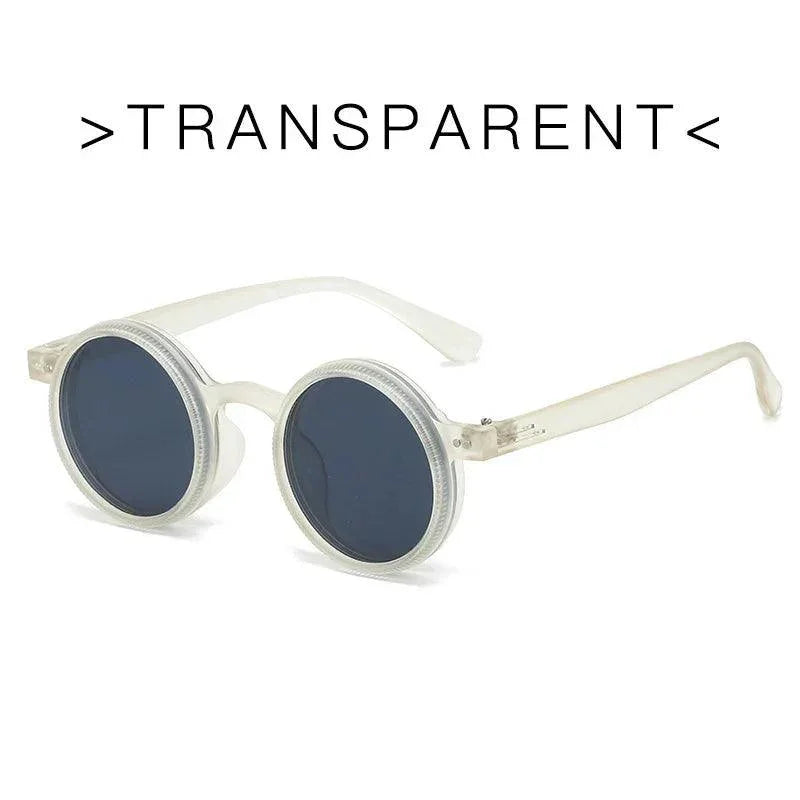 Transparent round frame sunglasses with dark lenses, stylish unisex eyewear for fashion or daily wear