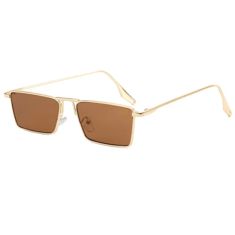 Gold metal frame sunglasses with rectangular brown tinted lenses and nose pads