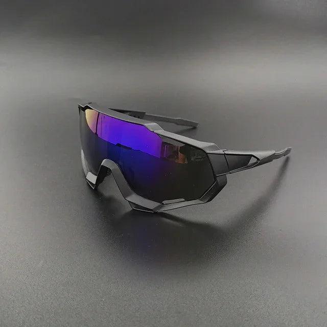 Black sporty sunglasses with purple mirrored lenses on gray surface