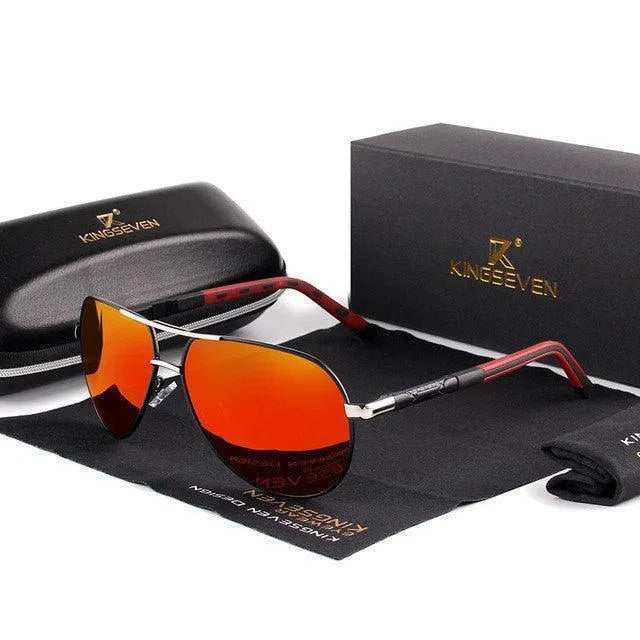 Red polarized aviator sunglasses with silver frames displayed with black carrying case and box