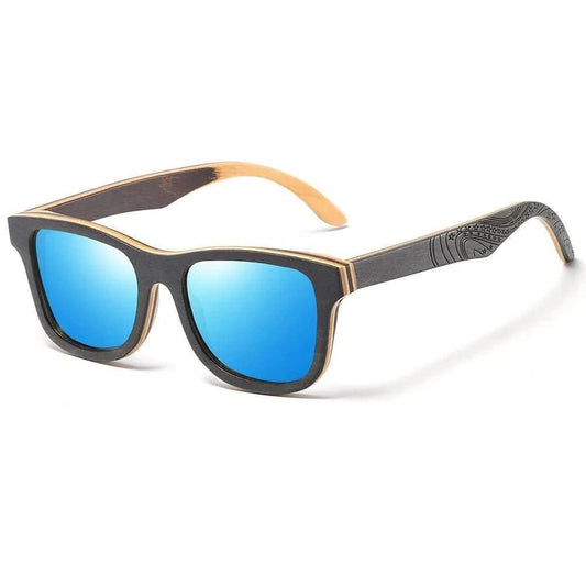 Wooden frame sunglasses with blue mirrored lenses and engraved temple details