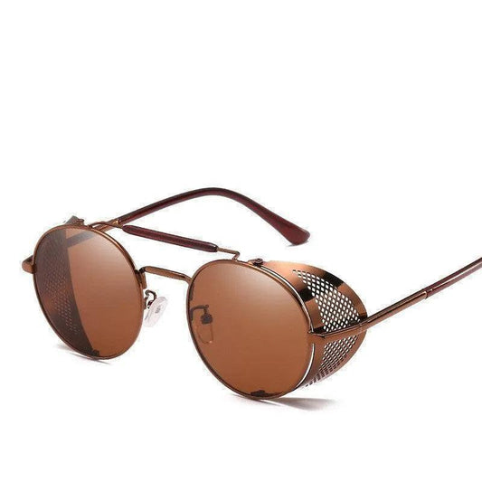 Steampunk-style round sunglasses with bronze lenses and mesh side shields for fashion or cosplay