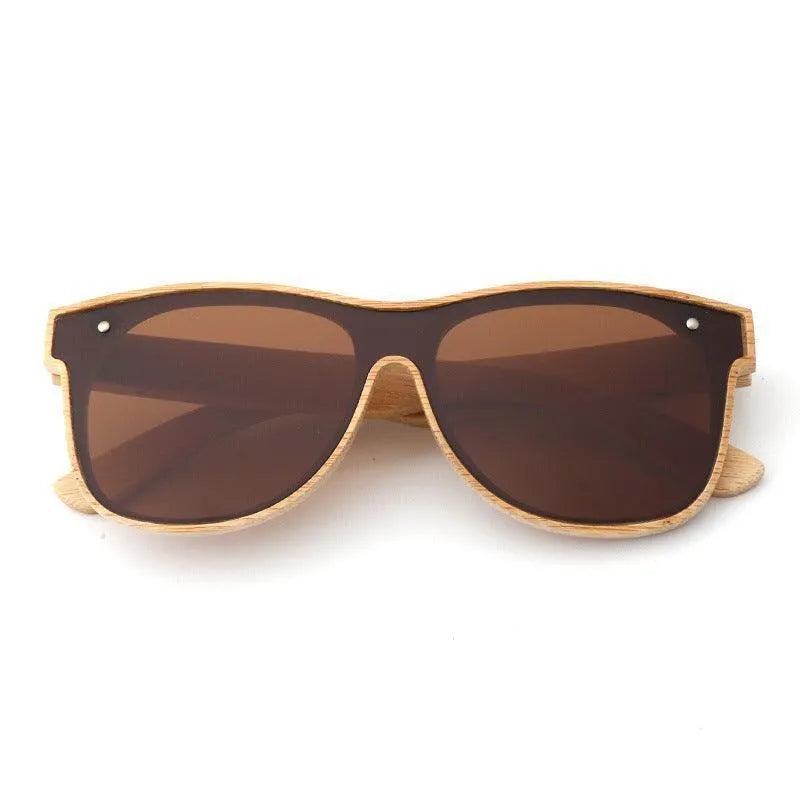 Polarized sunglasses with blue bamboo wood frame and dark brown lenses on white background