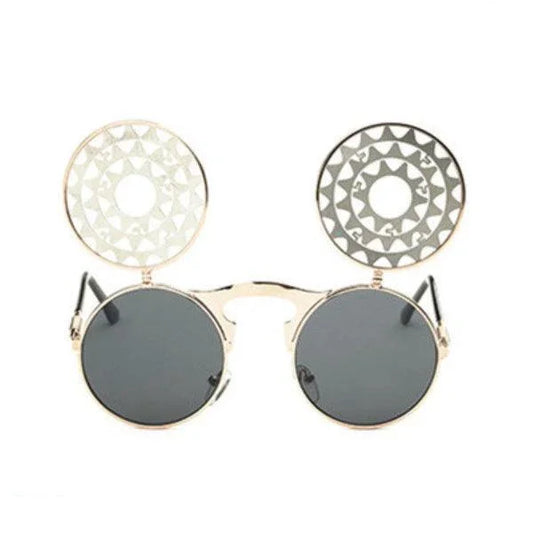 steampunk round sunglasses with black lenses and decorative circular metal patterns on top