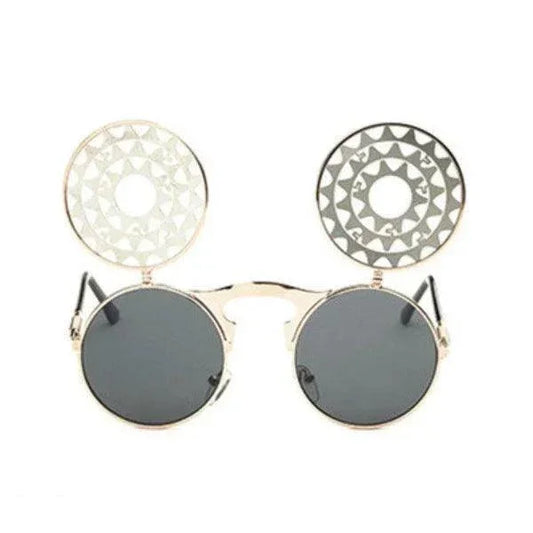 Round sunglasses with decorative geometric lens covers, stylish unisex eyewear for fashion or daily wear