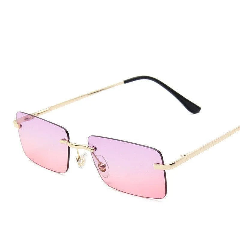Women's rimless square sunglasses with pink and grey gradient lenses and slender gold temples