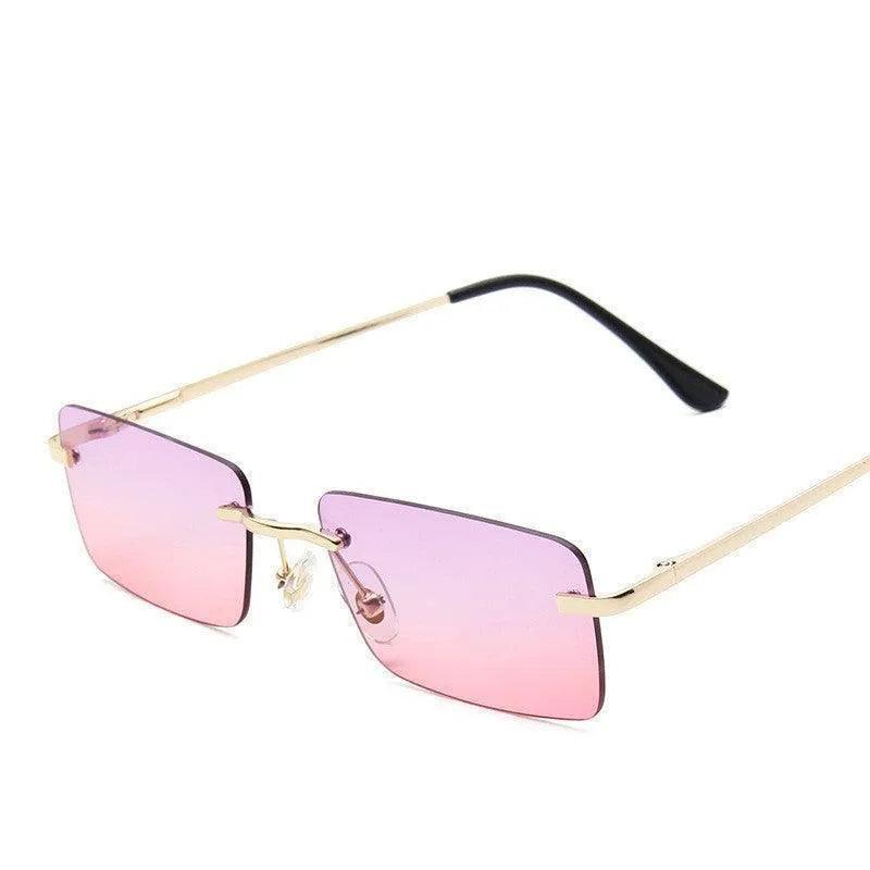 Pink gradient rimless sunglasses with gold frames, stylish unisex eyewear for fashion or daily wear
