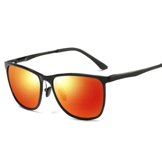 Black framed sunglasses with orange mirrored lenses, stylish unisex eyewear for sun protection and fashion.