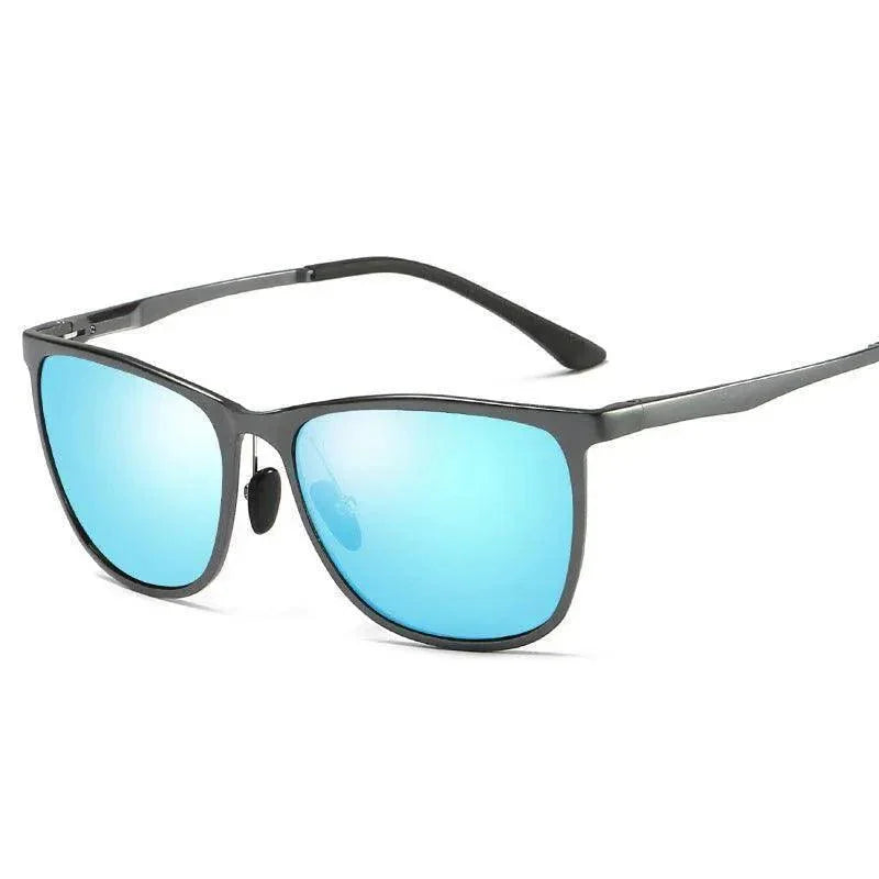 Stylish men's sunglasses with blue mirrored lenses and sleek black frames, perfect for daily wear and outdoor activities.