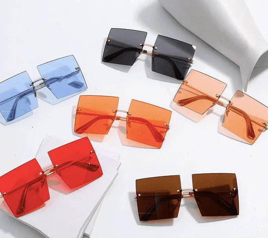 Stylish rimless square sunglasses in blue, red, orange, brown, and black for men and women