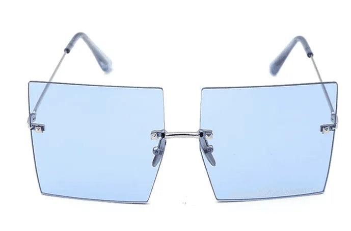 Light blue rimless square sunglasses with silver metal arms for men and women