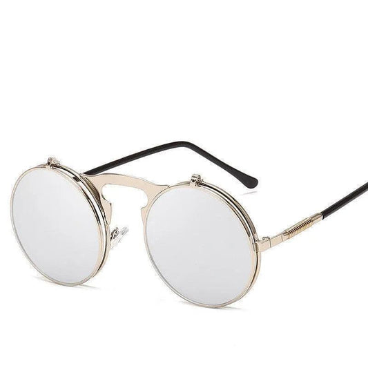 Round silver mirrored sunglasses with gold frame and black arms, stylish unisex eyewear