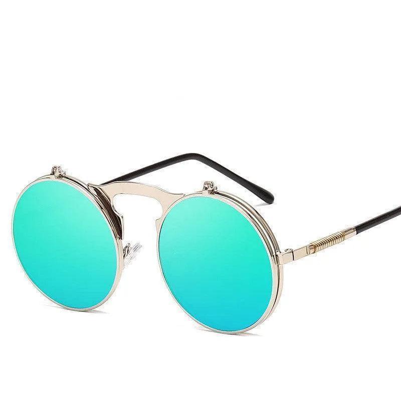 Round turquoise mirrored sunglasses with gold frame and black arms, stylish unisex eyewear