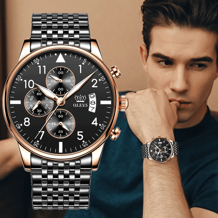 Men's luxury wristwatch with black dial, rose gold case, chronograph subdials, and stainless steel bracelet