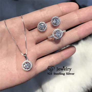 925 sterling silver jewelry set with round clear gemstone pendant necklace, ring, and stud earrings