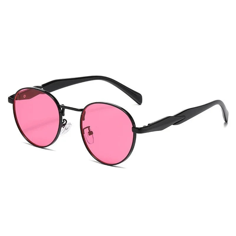 Round black frame sunglasses with pink tinted lenses and nose pads on white background