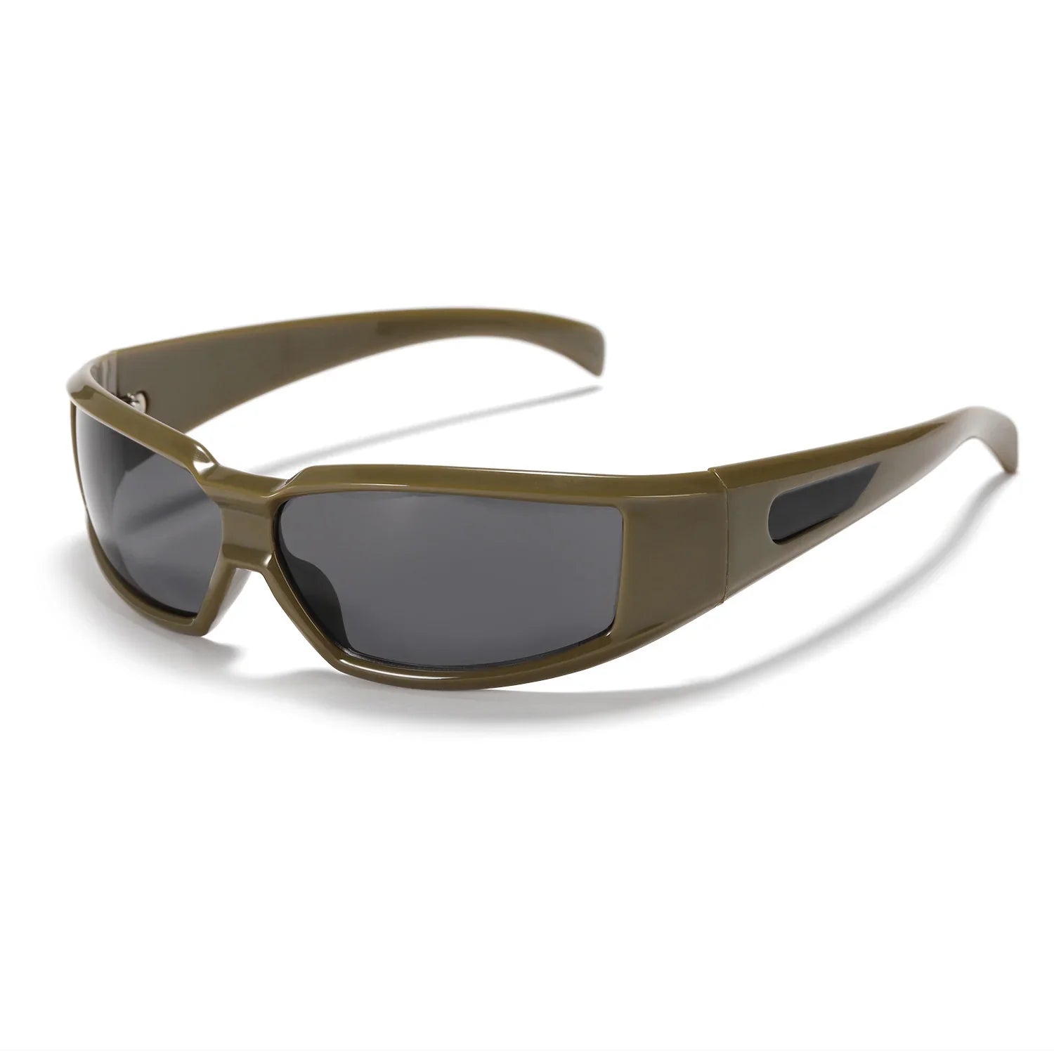 Olive green wraparound sunglasses with dark polarized lenses on white background
