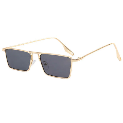 gold frame rectangular sunglasses with dark lenses and adjustable nose pads on white background