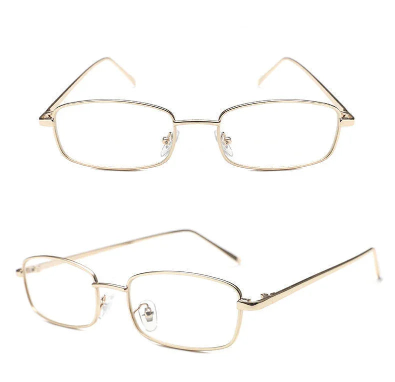 Slim rectangular gold metal frame eyeglasses with clear nose pads shown from front and side