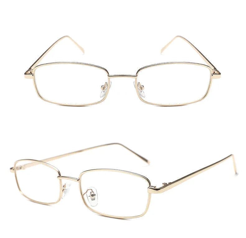 Slim rectangular gold metal frame eyeglasses with clear nose pads shown from front and side