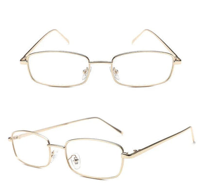 Slim rectangular gold metal frame eyeglasses with clear nose pads shown from front and side
