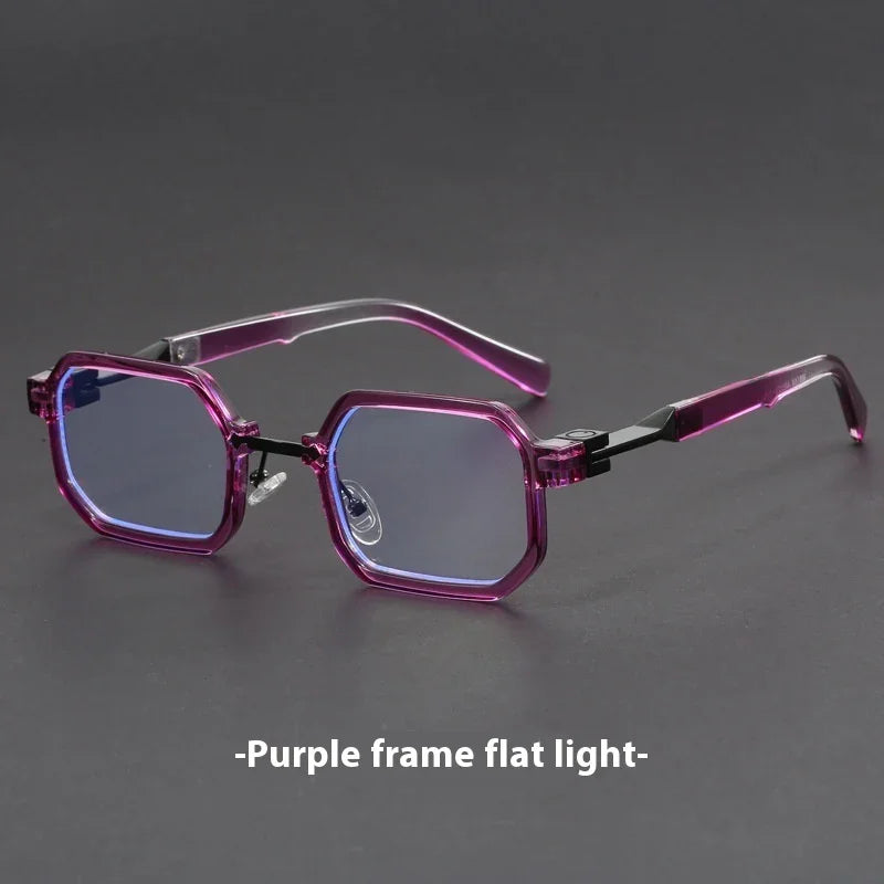 Purple octagonal eyeglasses with translucent frame and blue tinted lenses on gray background