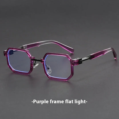 Purple octagonal eyeglasses with translucent frame and blue tinted lenses on gray background