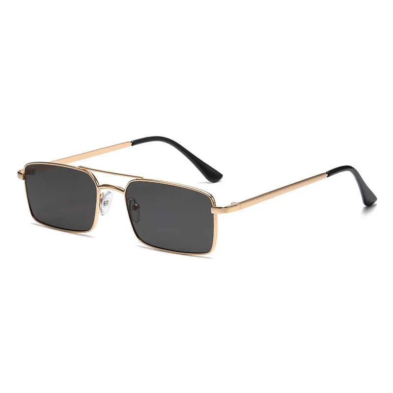 Sleek rectangular black lens sunglasses with thin gold metal frame and black temple tips