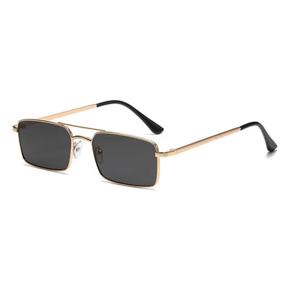 Sleek rectangular black lens sunglasses with thin gold metal frame and black temple tips