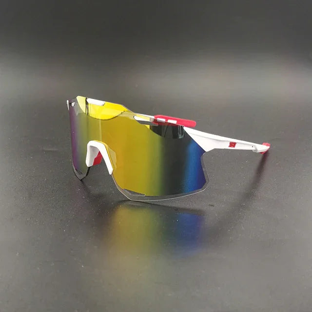 Sport sunglasses with rainbow mirrored lens and white-red frame on black background