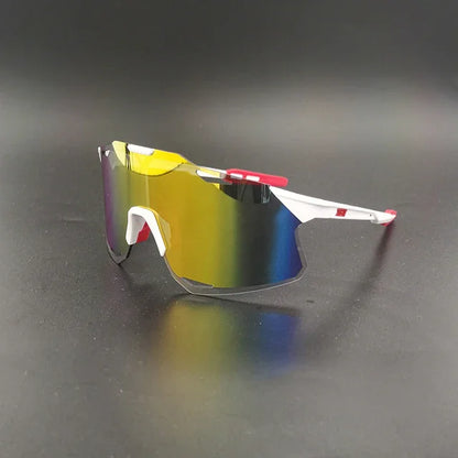 Sport sunglasses with rainbow mirrored lens and white-red frame on black background