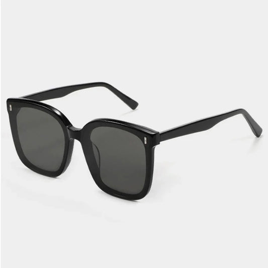 Black square frame sunglasses with dark tinted lenses on white background