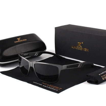 Black rectangular polarized sunglasses with hard case, soft pouch, and branded cleaning cloth on white background