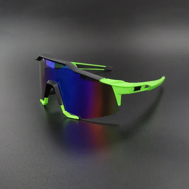 Neon green sports sunglasses with blue mirrored lens on black background