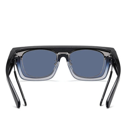 Stylish black square frame sunglasses with blue tinted lenses and clear inner rims