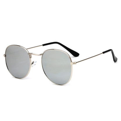 Silver round metal frame sunglasses with mirrored lenses and black temple tips