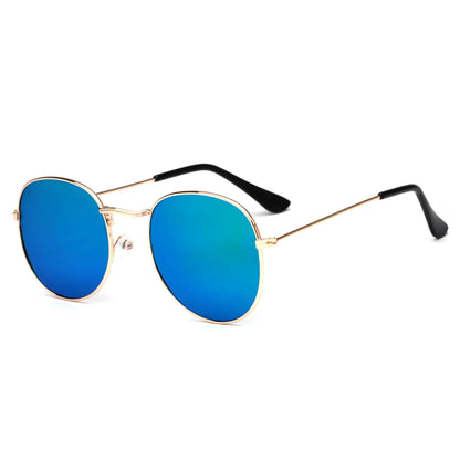 Round sunglasses with blue mirrored lenses and thin gold metal frame on white background